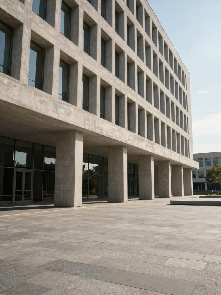Wide-angle architectural view of a modern high court building, clean concrete lines, deep shadows cast by strong natural sunlight, empty stone plaza in the foreground.