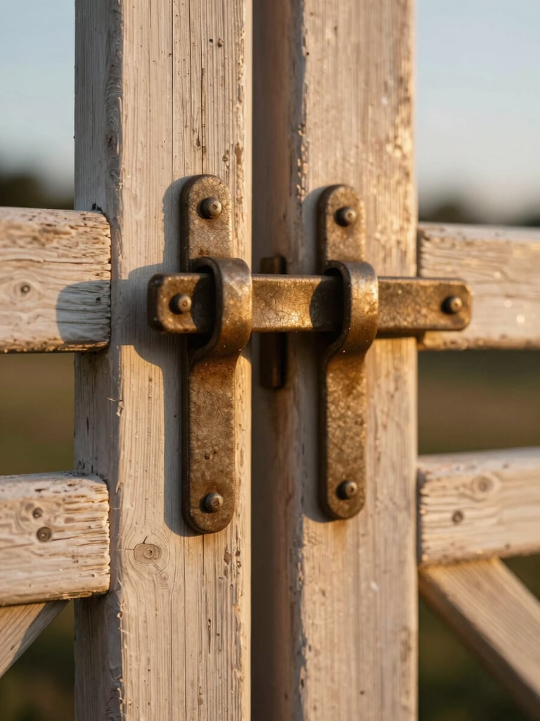 An extreme close-up of a rustic ranch gate latch, weathered wood texture, warm golden-hour light, shallow depth of field.