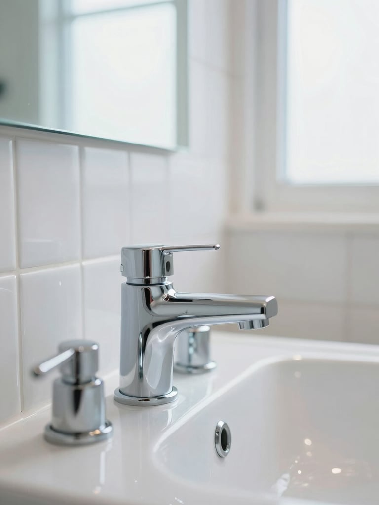 Close-up of sparkling clean chrome bathroom fixtures reflecting soft natural window light, pristine white tiles, shallow depth of field