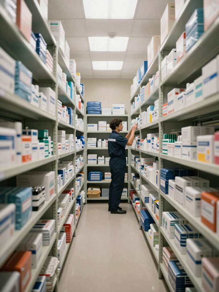 Wide environmental shot of a hospital supply storage room, shelving units densely stocked with labeled medical supply boxes and equipment packages, natural daylight from a high clerestory window casting even light across the aisles, a staff member in work uniform reaching for inventory at mid-shelf, shot from the end of the aisle to show depth and scale
