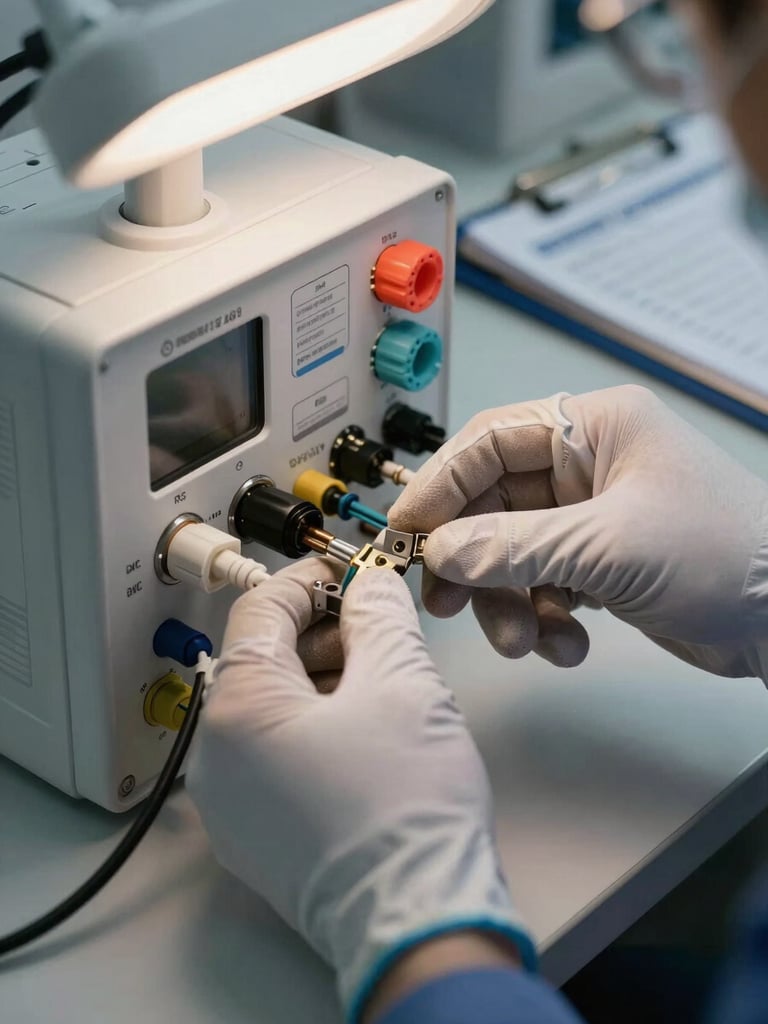 Close-up environmental shot of a technician's gloved hands connecting cables to a medical monitoring unit, functional task lighting from above, equipment labels and documentation clipboard visible in the background, shallow focus on the hands and connector interface