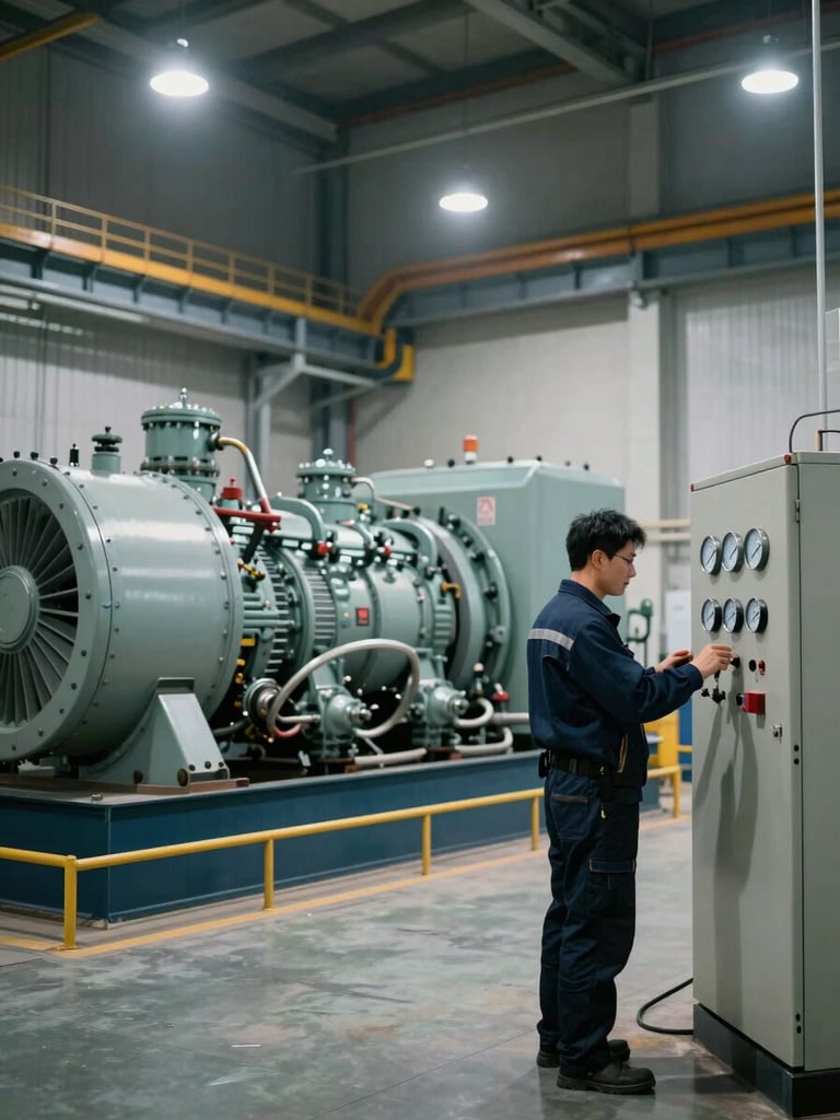 Environmental wide shot inside an industrial power generator room — large generator units in the background, a technician in work uniform checking gauges on a control panel in the right foreground, functional overhead task lighting, no posed elements