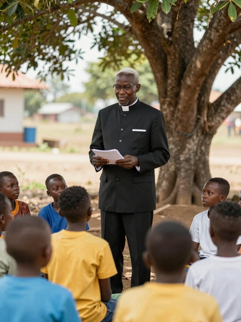 Candid environmental shot of Pastor Titus teaching a small group of children outdoors under a shade tree, natural daylight.