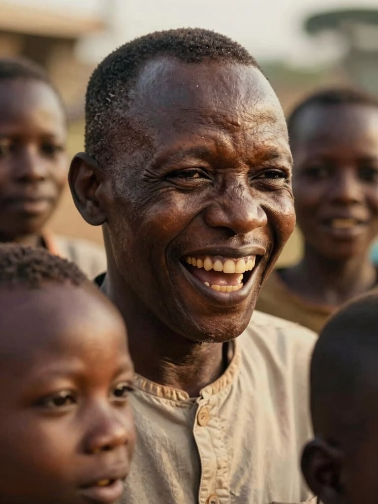 Close-up portrait of Pastor Titus laughing with Kampala children under warm golden hour sunlight, raw and joyful emotion.