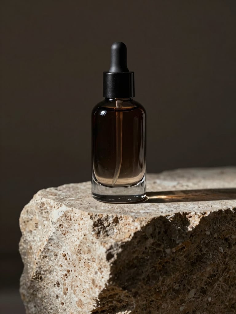 Close-up of a dark glass cosmetic bottle on a raw stone pedestal, dramatic side lighting, rich shadows, high-end editorial look