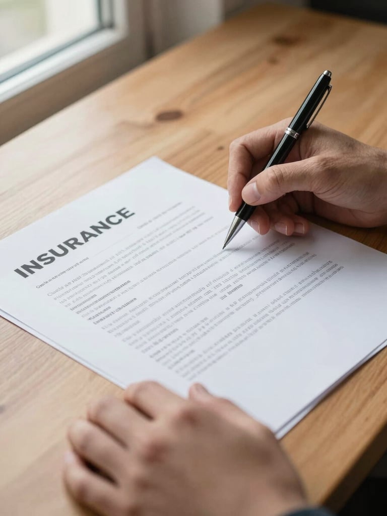 Close-up of hands reviewing a printed insurance contract on a wooden desk, soft diffused window light from the left, documents slightly overlapping, pen in hand mid-review