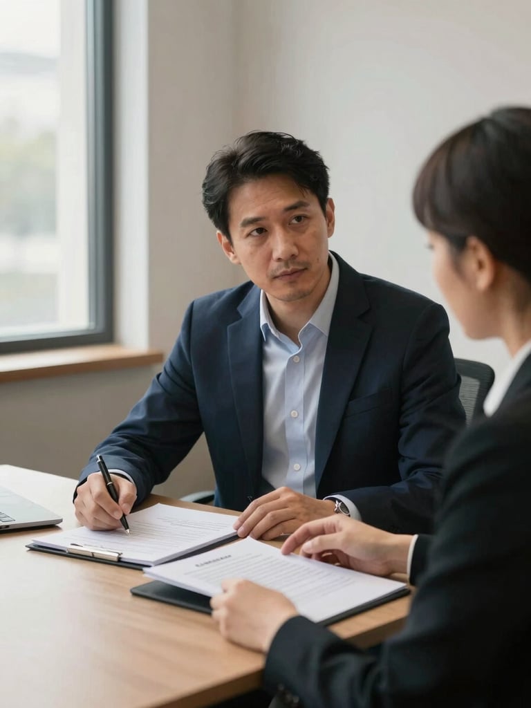 Medium shot of an adviser seated across a desk from a client, both looking at open policy folders under soft overcast window light, calm professional office with neutral walls