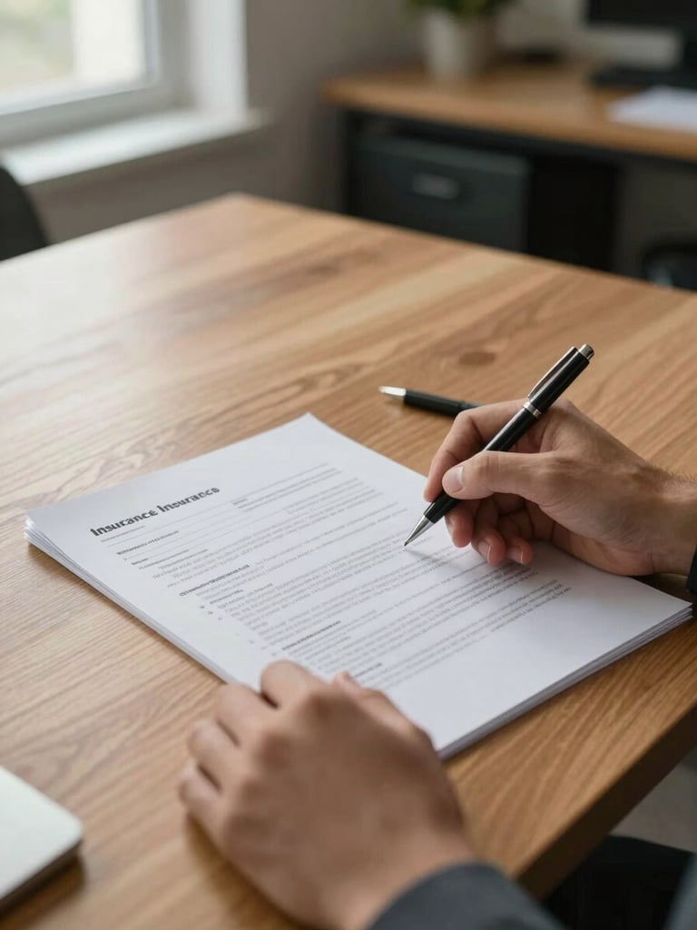 Close-up of hands reviewing a multi-page insurance policy on a wide oak desk, soft window light from the left, a pen resting beside the documents, quiet office background slightly out of focus