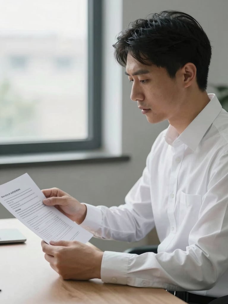Close medium shot of a professional adviser seated at a desk near a window, reviewing a printed policy document, soft overcast daylight from the left, clean white shirt, neutral office background, institutional calm