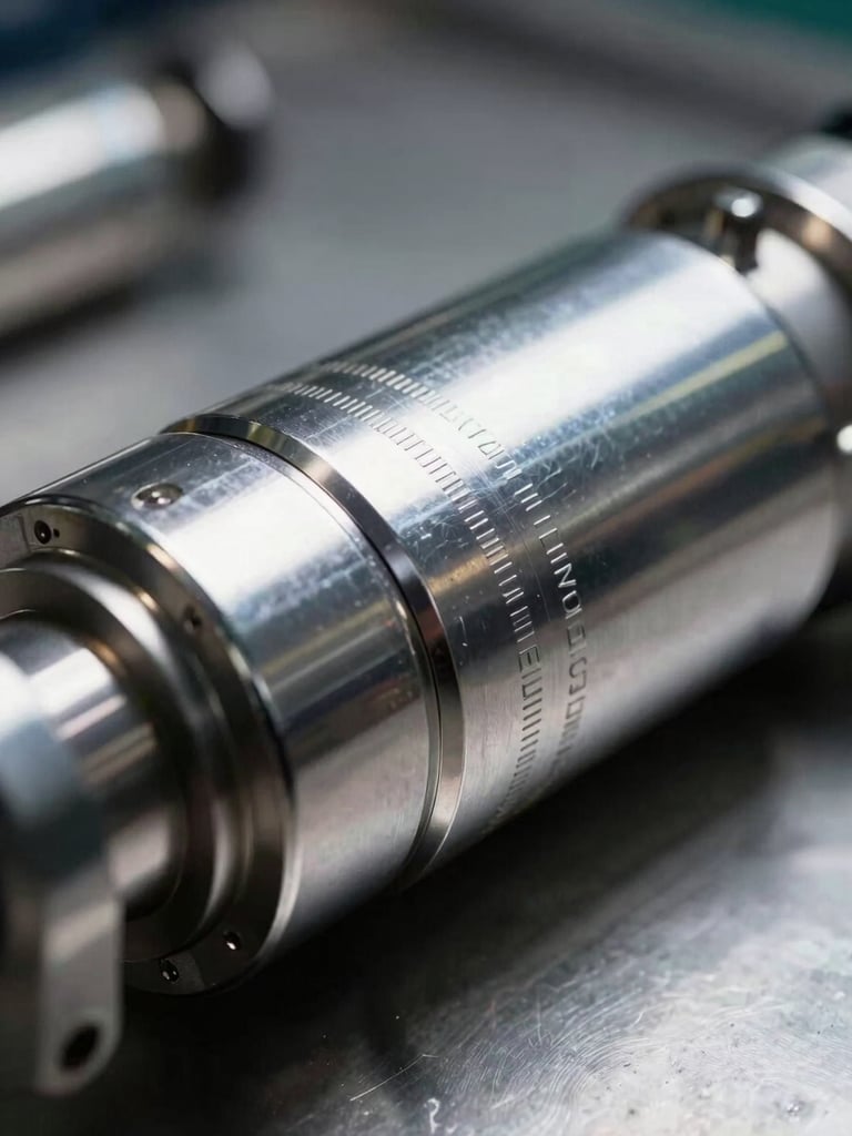 Crisp macro photograph of a high-pressure pneumatic actuator cylinder, steel and chrome surfaces, technical markings visible, dramatic side lighting
