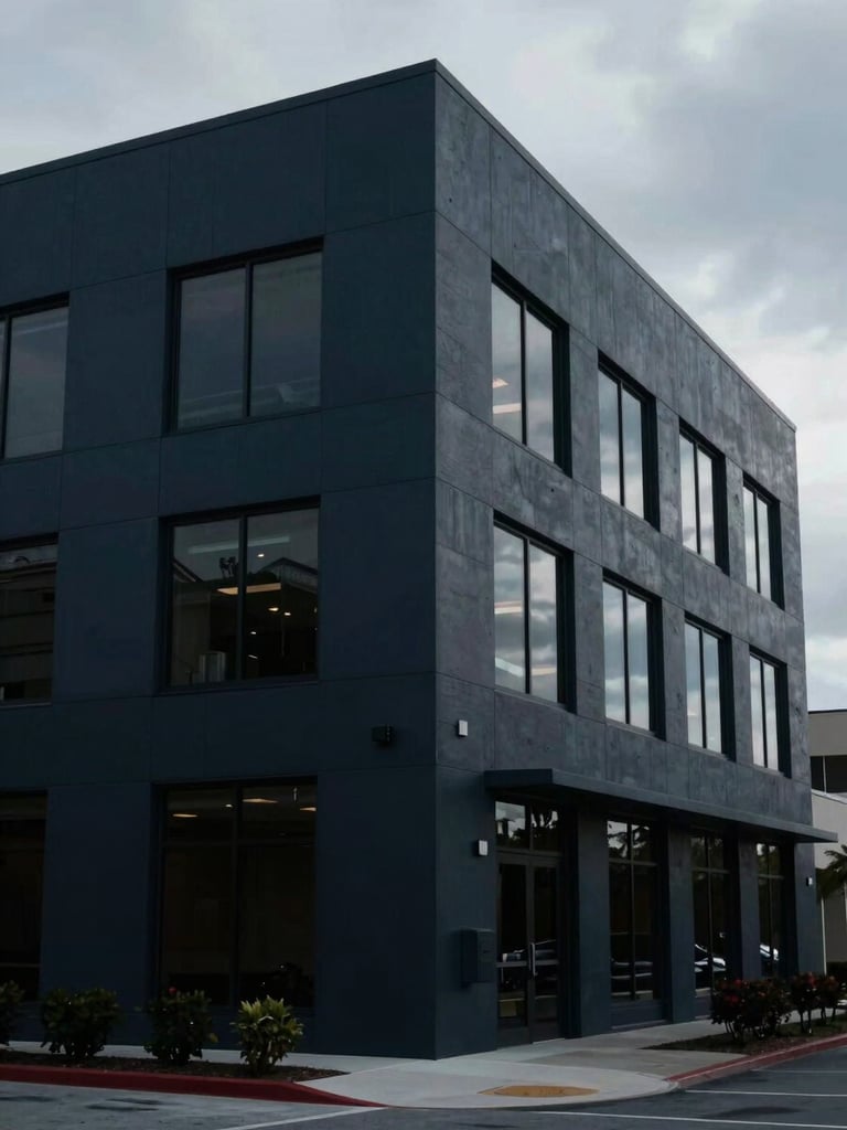 Exterior view of a modern, discreet office building in Saint James City, Florida, under overcast daylight, low-key lighting, professional and secure atmosphere.