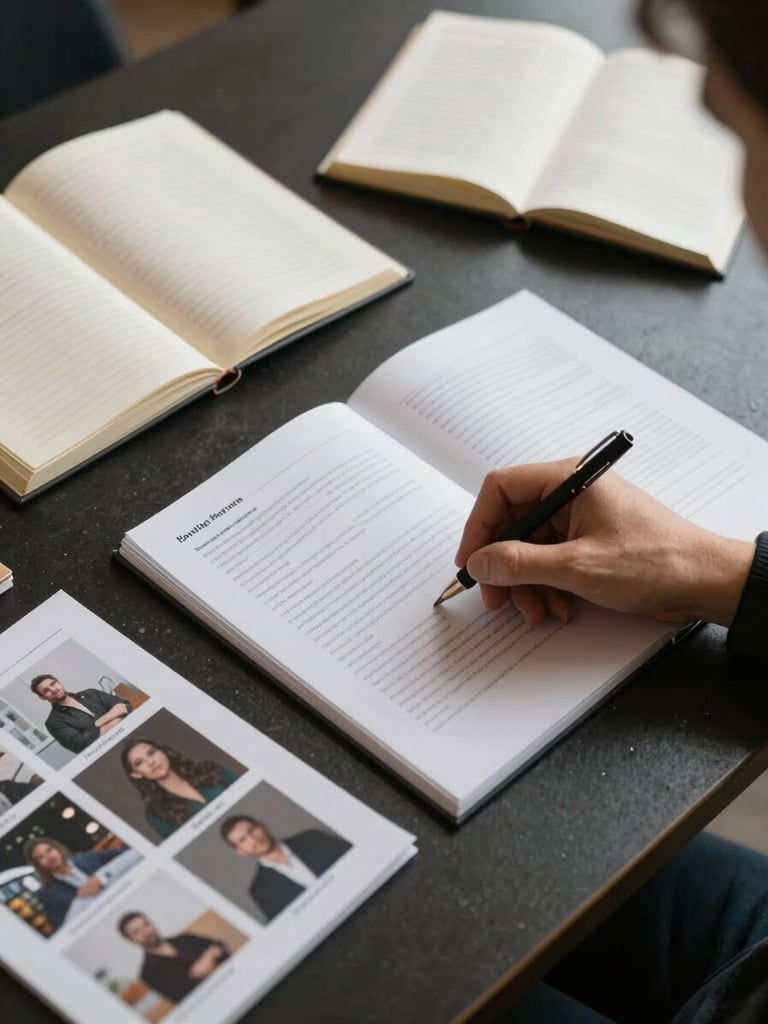 Overhead editorial view of a strategy session table with open notebooks, printed creator content samples, and a hand pointing to a brief document, crisp controlled studio light, dark surface, no faces visible