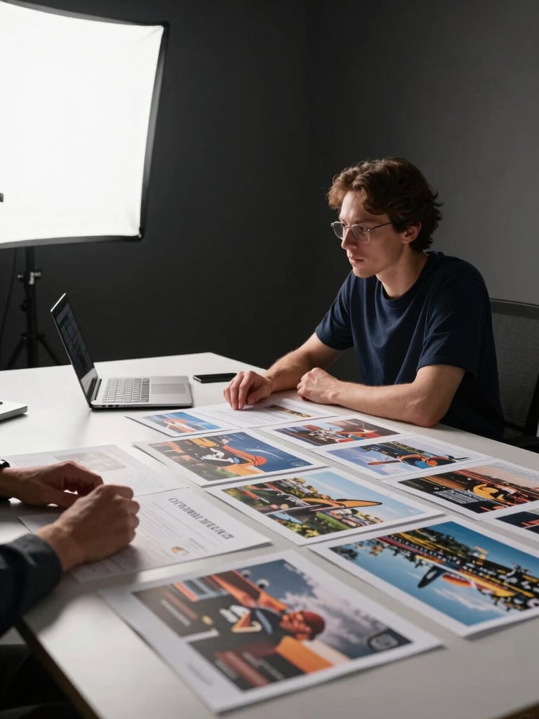 Wide editorial shot, two people seated at a large table reviewing printed campaign concepts under crisp studio light, papers and a laptop visible, hands mid-discussion, dark ambient background, precise north-facing daylight quality