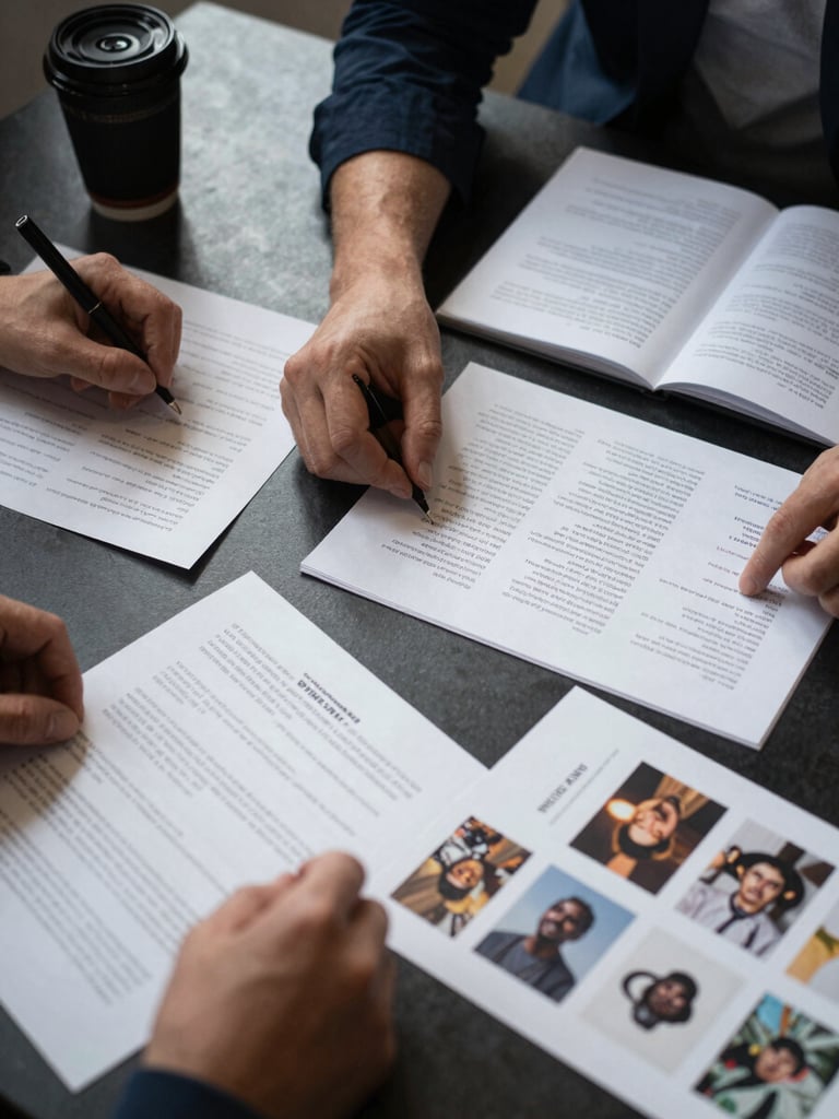 Overhead close-up of a campaign strategy session, hands arranging annotated creative briefs and printed creator content samples on a dark matte surface, crisp studio light from the upper left casting precise shadows across the documents