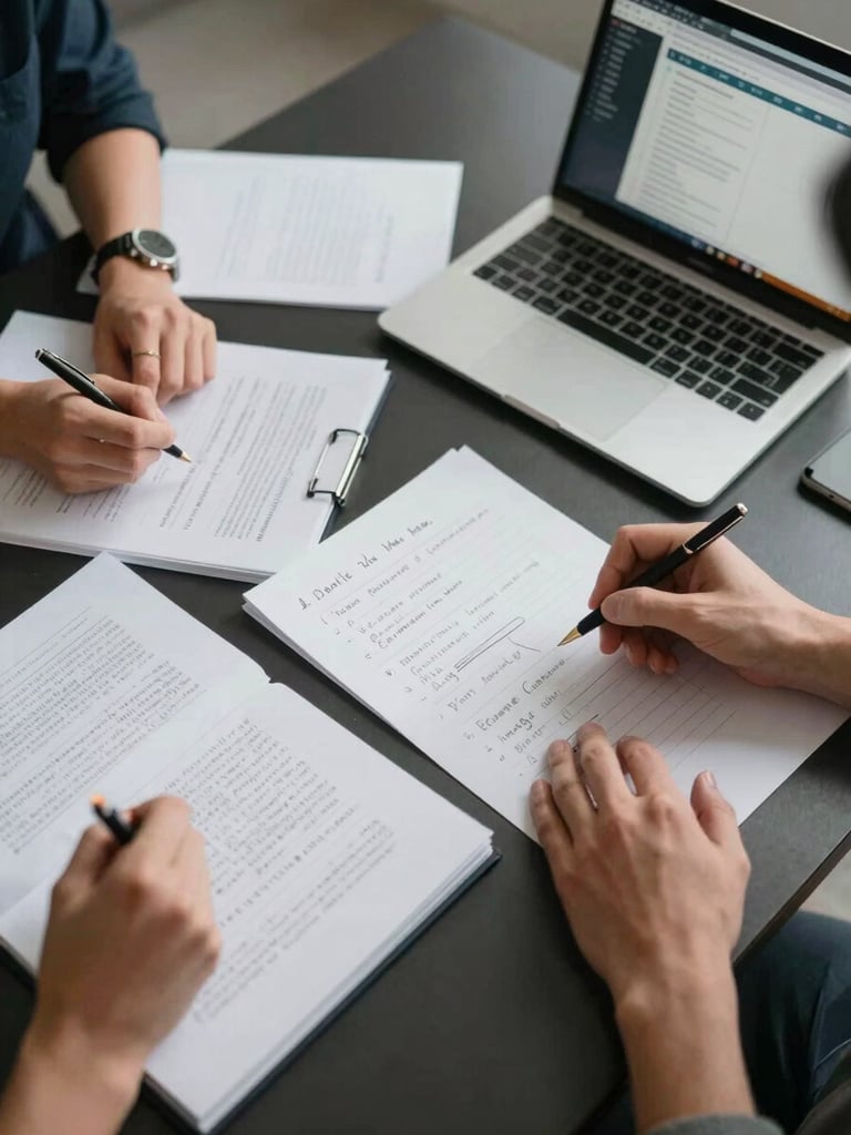 Overhead view of a strategy session table — open creative brief documents, handwritten annotation notes, and a laptop screen showing audience analytics, crisp controlled studio light, dark surface, two pairs of hands visible mid-discussion