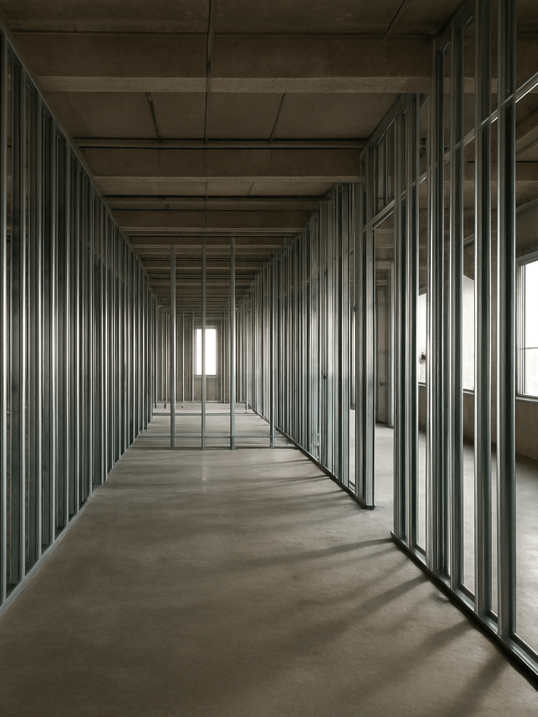 Wide interior shot of a commercial space mid-framing, rows of exposed steel stud walls running into depth, concrete floor reflecting diffused natural light through unfinished window openings, no people, documentary structural clarity
