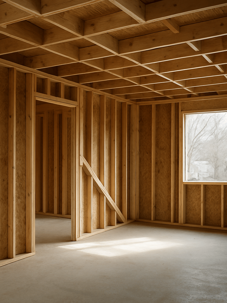 Wide interior of a partially framed residential addition, light-filled room with exposed wood stud walls and a rough-cut window opening, diffused northern daylight streaming through, no people, documentary architectural clarity