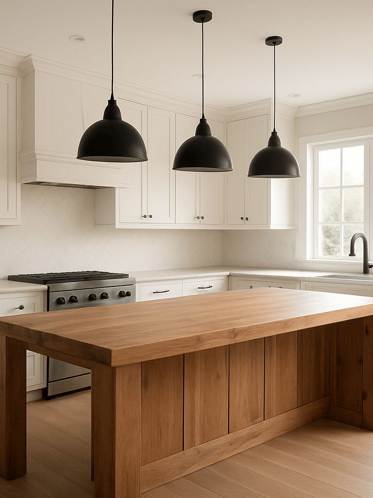 Wide interior shot of a finished modern-farmhouse kitchen — shaker cabinetry in warm white, a thick timber island under pendant lights, stone countertops catching diffused north-facing afternoon light, no people, architectural clarity showing spatial scale and joinery detail