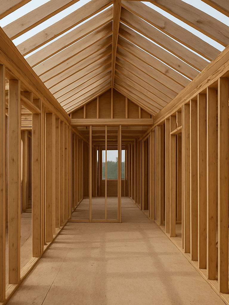 Wide interior of a residential new-build frame under construction — exposed spruce stud bays receding toward an open ridge beam, open sky visible through unsheathed roof joists, diffused northern daylight flooding the raw structural cavity, no people, no furnishings