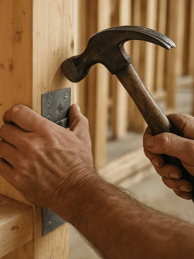 Close wide-angle view of a craftsman's hands securing a wood stud joint on a residential framing site, natural diffused north-facing daylight across the raw lumber, sawdust and pencil marks visible on the wood, no faces, no posed posture — a documentary detail of the work itself