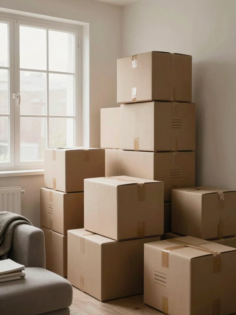Environmental shot of a living room mid-pack, neatly labeled moving boxes stacked against a pale wall, a folded blanket draped over a chair arm, soft diffused light through a wide window, no people visible, quiet and orderly