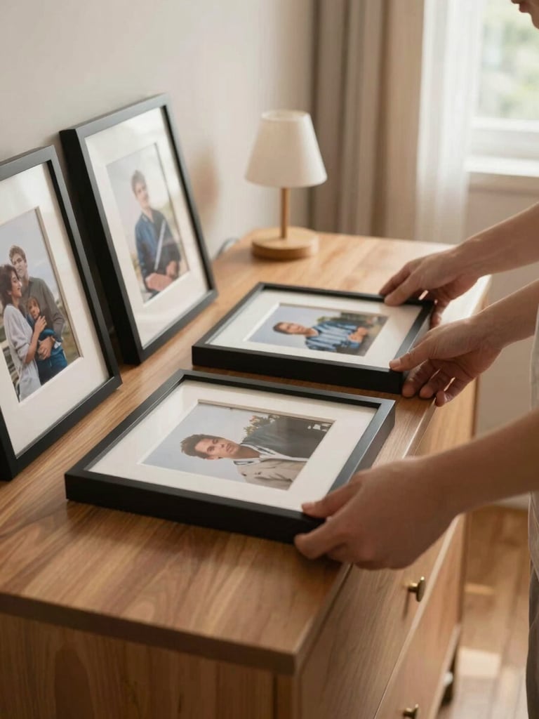 Hands arranging framed photographs on a bedroom dresser in a new room, warm afternoon light from a nearby window, a small lamp already set up in the background, wood floor beneath, calm and unhurried