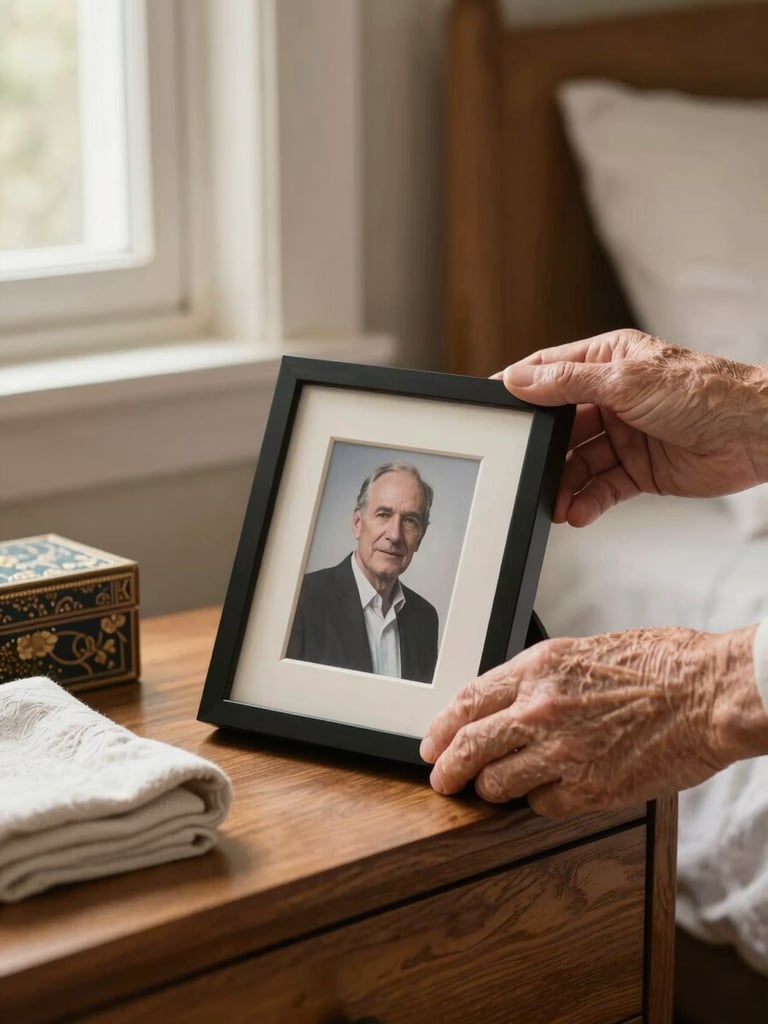 Close-up of older hands carefully placing a framed photograph on a wooden nightstand in a softly lit bedroom, warm window light from the left, a folded cloth and small keepsake box visible on the surface beside it