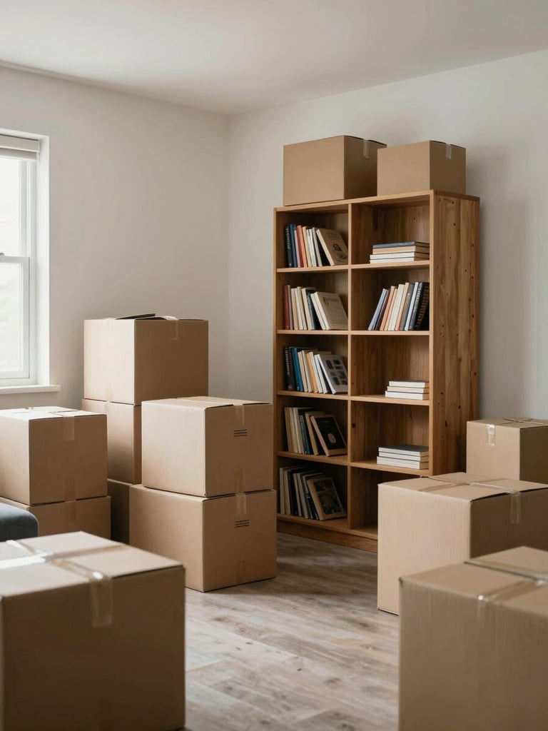 Wide environmental shot of a half-organized living room, cardboard boxes stacked along one wall, a wooden bookcase being arranged in soft diffused daylight, no people visible, calm and unhurried