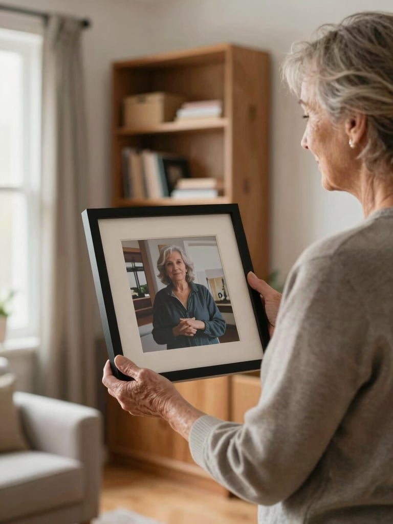 Close-up environmental shot: an older woman standing in her living room, back partially to camera, holding a framed photograph at her side, natural window light softening the room, half-packed shelves behind her, warm wood tones and soft shadows