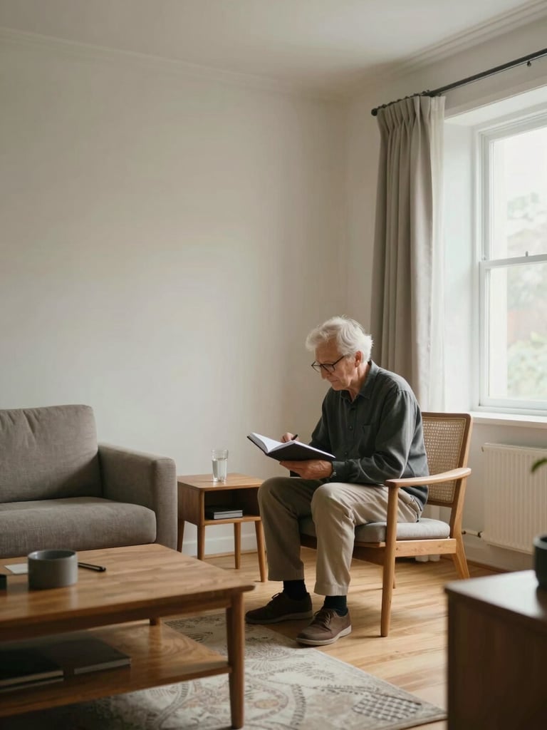 Wide interior shot of a tidy senior apartment living room, a person in their 70s seated near a window reviewing a notebook, soft diffused morning light from the right, warm wood furniture, neutral walls, a small side table with a glass of water — unhurried and attentive