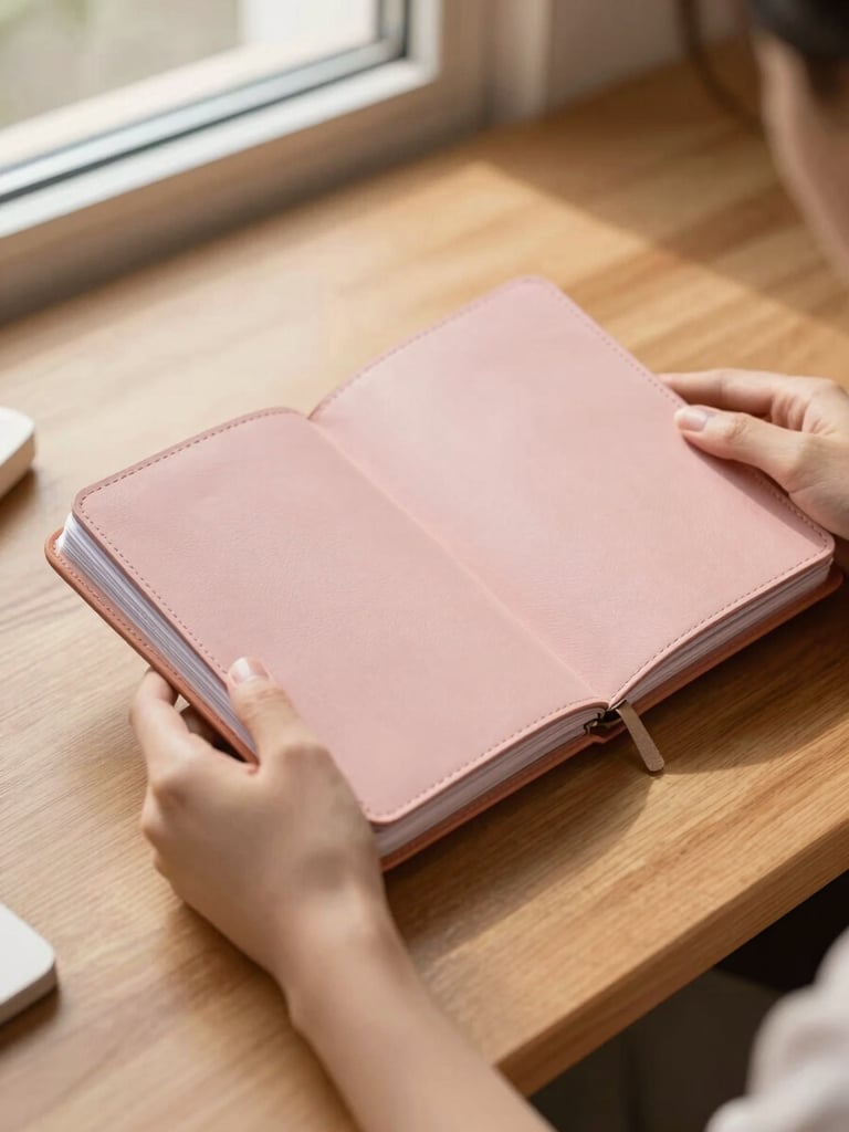 Close-up of hands holding a leather planner on a wooden desk, soft warm morning light, minimalist aesthetic, pastel rose tones