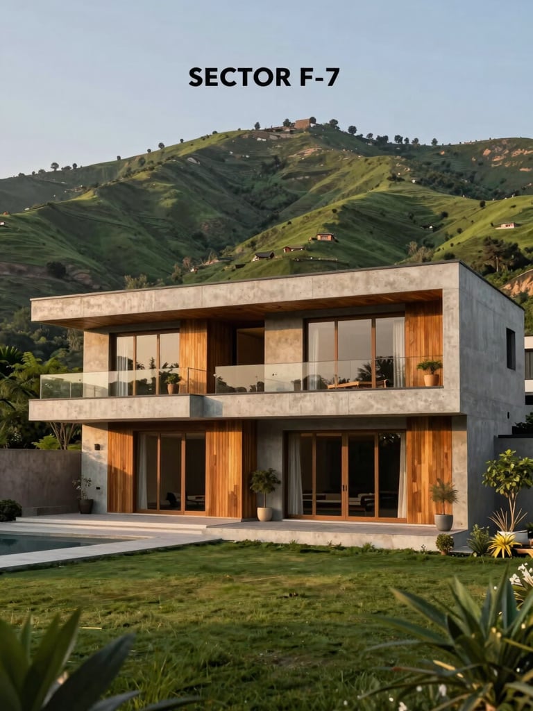 A high-end modern villa in Sector F-7 Islamabad, framed against the lush green Margalla Hills during golden hour, architectural concrete and warm wood accents
