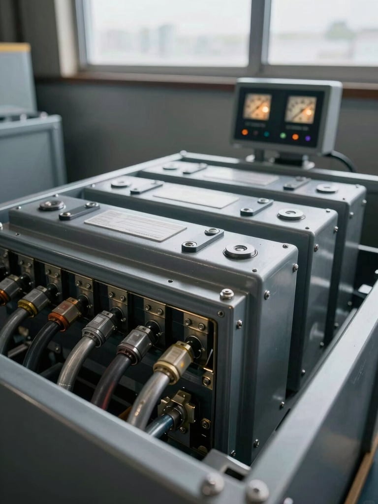Close-up overhead view of industrial battery storage modules stacked in a steel cabinet, visible bus bars and terminal connections, gauge readout screen lit in the background, overcast daylight from warehouse skylights, no crew