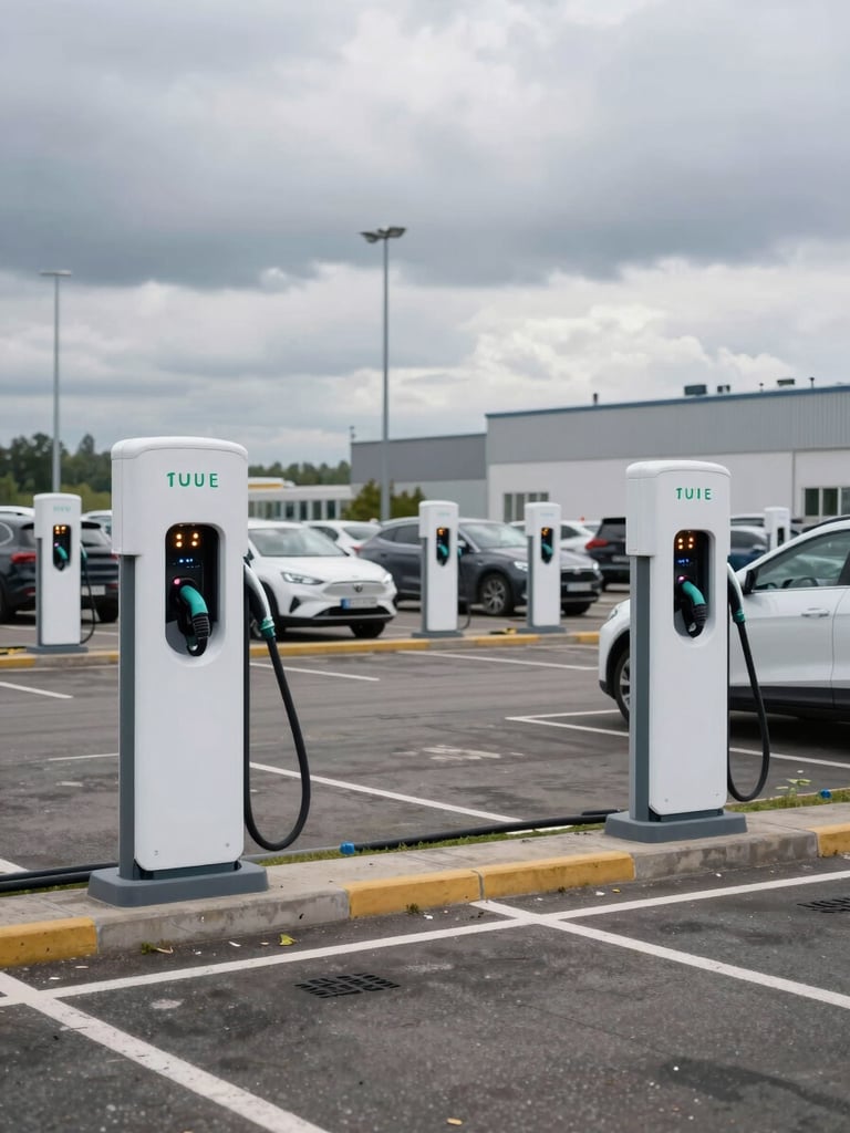 Wide shot of a fleet parking area with multiple EV charging posts actively dispensing power, charge indicator lights lit, overcast sky, industrial facility building visible in background, no people, flat Ukrainian daylight