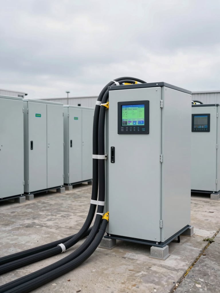 Close environmental shot of a completed energy storage installation at a Ukrainian logistics depot, rows of battery cabinet modules on a concrete pad, thick power cabling routed along conduit, data readout screen glowing on the unit face, overcast daylight, no people