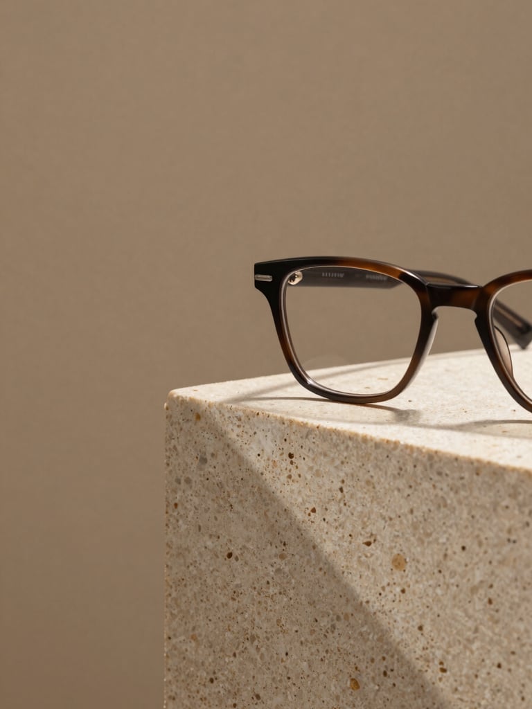 Close-up of a single designer eyewear frame resting on a raw travertine pedestal, sharp architectural shadow raking diagonally across the stone surface from the left, plain warm sandstone background, extreme negative space to the left, product isolated in the right two-thirds of the frame, no people, studio lighting