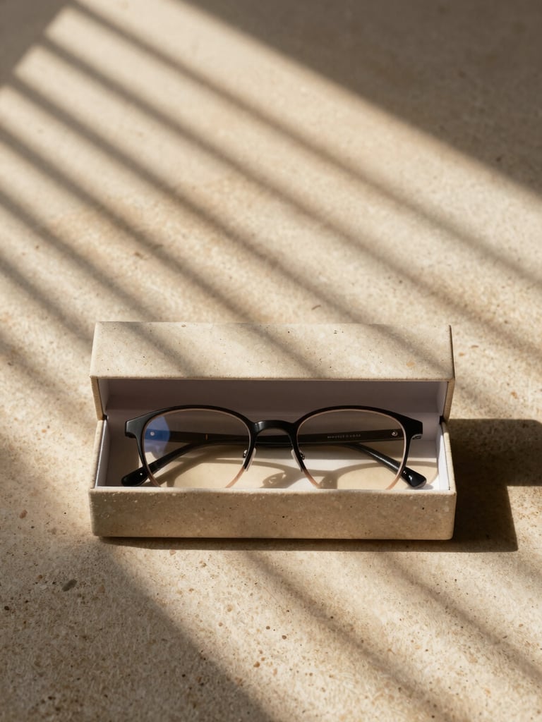 Overhead flat-lay of a closed luxury eyewear box on raw stone, sharp window-blind shadow stripes falling across the surface, packaging partially open revealing the frame inside, warm sandstone tone, extreme negative space above, no hands no people, controlled studio north light