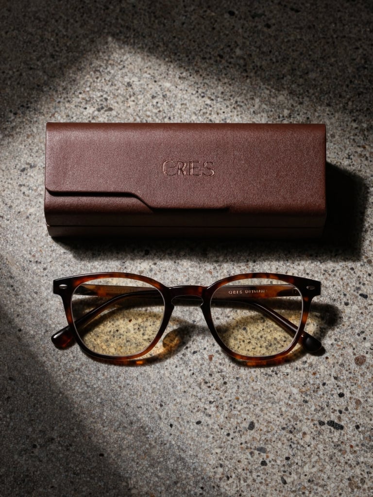 Overhead flat-lay of a complete luxury eyewear set—frame and closed archival box side by side on raw travertine, sharp diagonal shadow cutting across both objects, deep umber tones, controlled studio light from a single high source, no text visible, packaging lid embossed with subtle texture, total product isolation on stone
