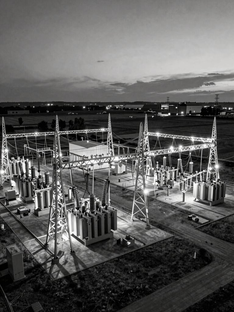 Wide panoramic aerial view of a high-voltage grid substation at dusk, transformer banks and cable runs receding into the frame from the left, open land extending to the right horizon, shot in black and white with sharp architectural lighting revealing steel lattice and technical precision, no people