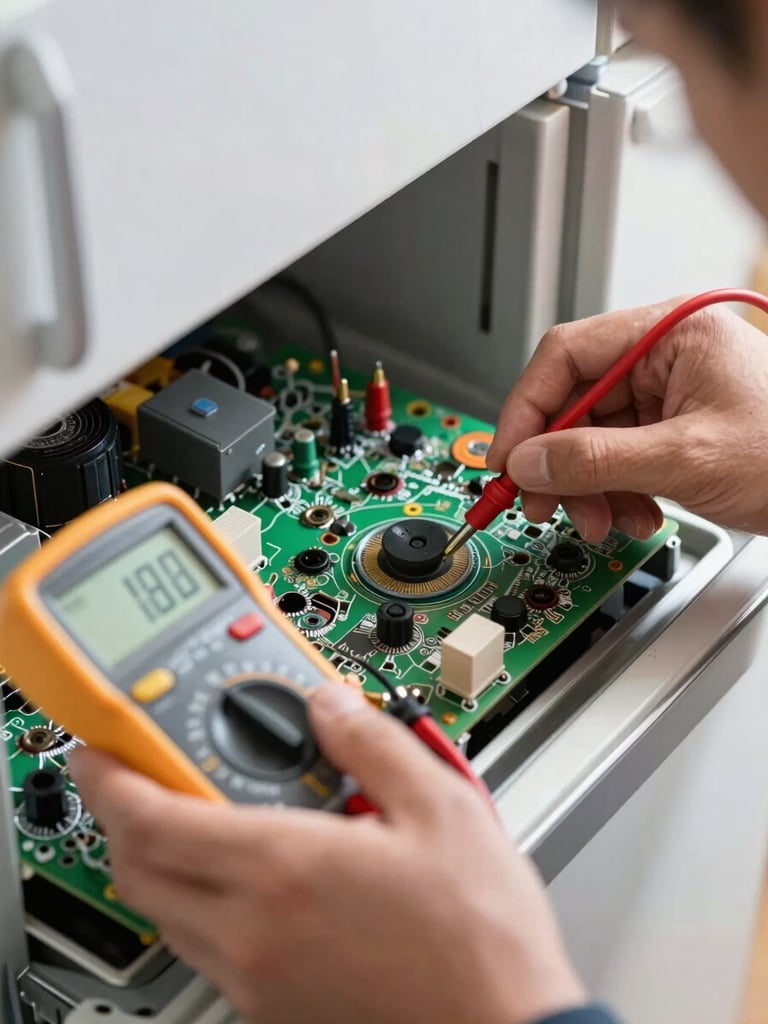 Tight macro shot of a certified technician using a digital multimeter on a refrigerator circuit board, bright natural light, clean metallic details.