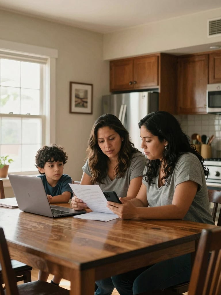 Medium-wide shot of a Latino family gathered at a kitchen table in a warm Southern California apartment, a mother reviewing documents on her phone while a child uses a laptop beside her, natural daylight coming through a window to the left, warm and even interior light, documentary-real home setting