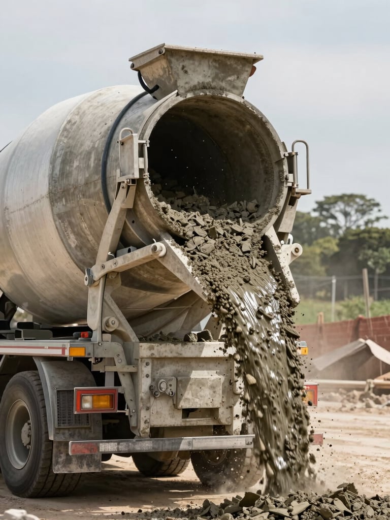 Close-up of a concrete mixer truck drum rotating mid-pour on a Águas Lindas job site, natural daylight, concrete flowing into pump hopper, dusty site ground visible, environmental context of active construction