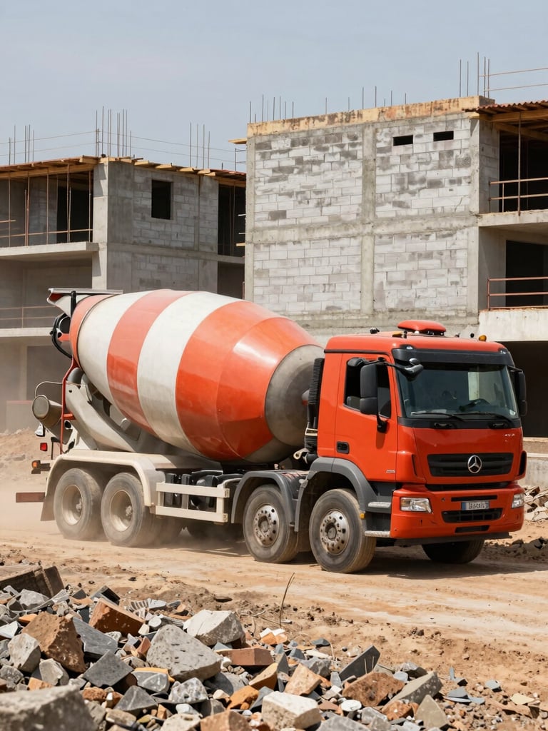 Wide environmental shot of a concrete mixer truck parked on a residential construction site in Águas Lindas de Goiás, natural daylight, red-orange cab visible against raw concrete block walls under construction, dust and gravel in foreground