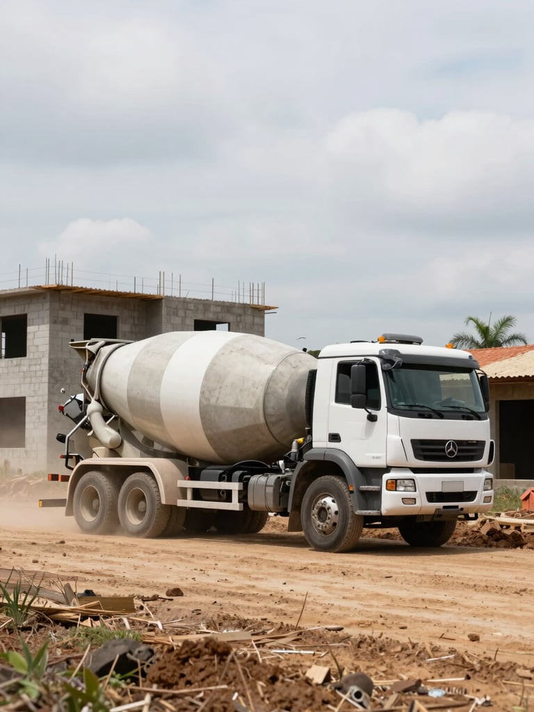 Wide environmental shot of a concrete mixer truck parked at the edge of a residential construction site in Águas Lindas de Goiás, drum spinning, dust rising, overcast natural daylight, low angle framing the truck against a half-built masonry structure