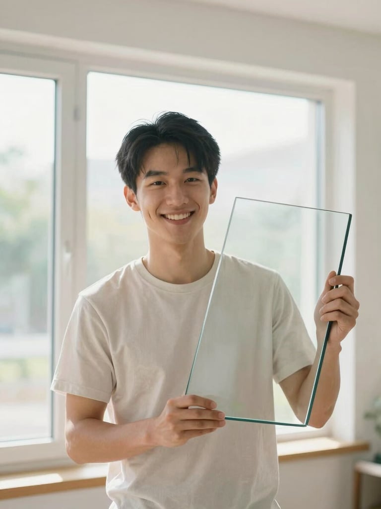 A friendly, smiling local window installer in clean light-colored apparel holding a pristine pane of glass, soft natural daylight, close-up