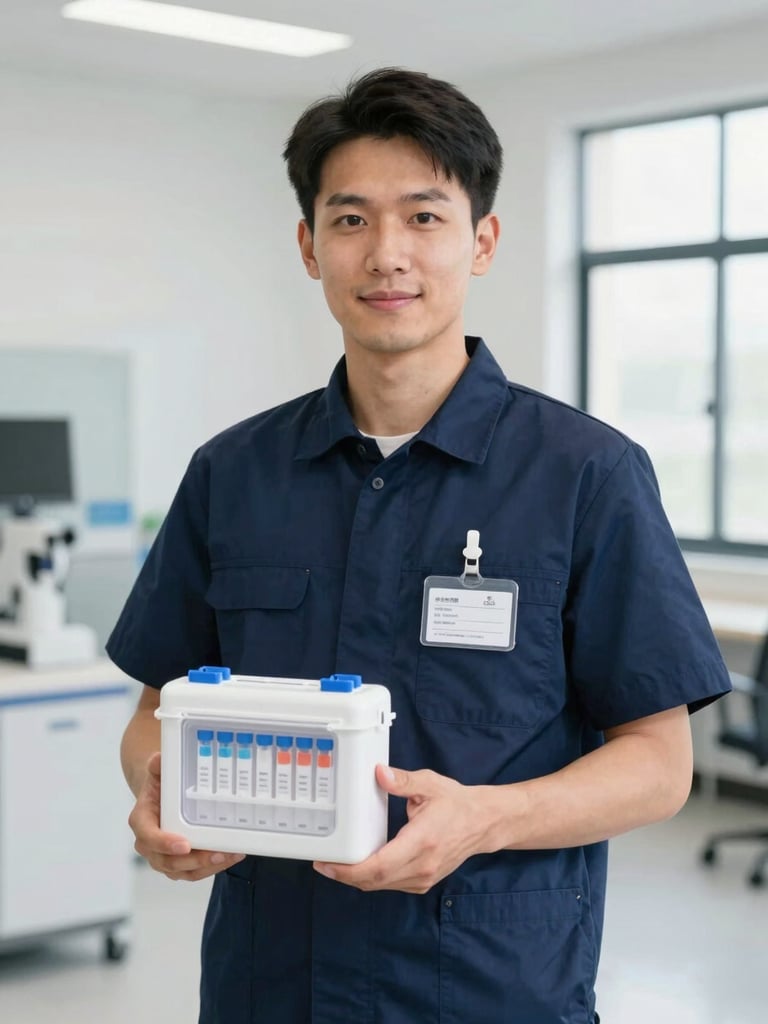A professional male technician in a clean navy blue uniform with a name badge, holding a secure sample collection kit, bright neutral indoor lighting, sharp focus, 35mm