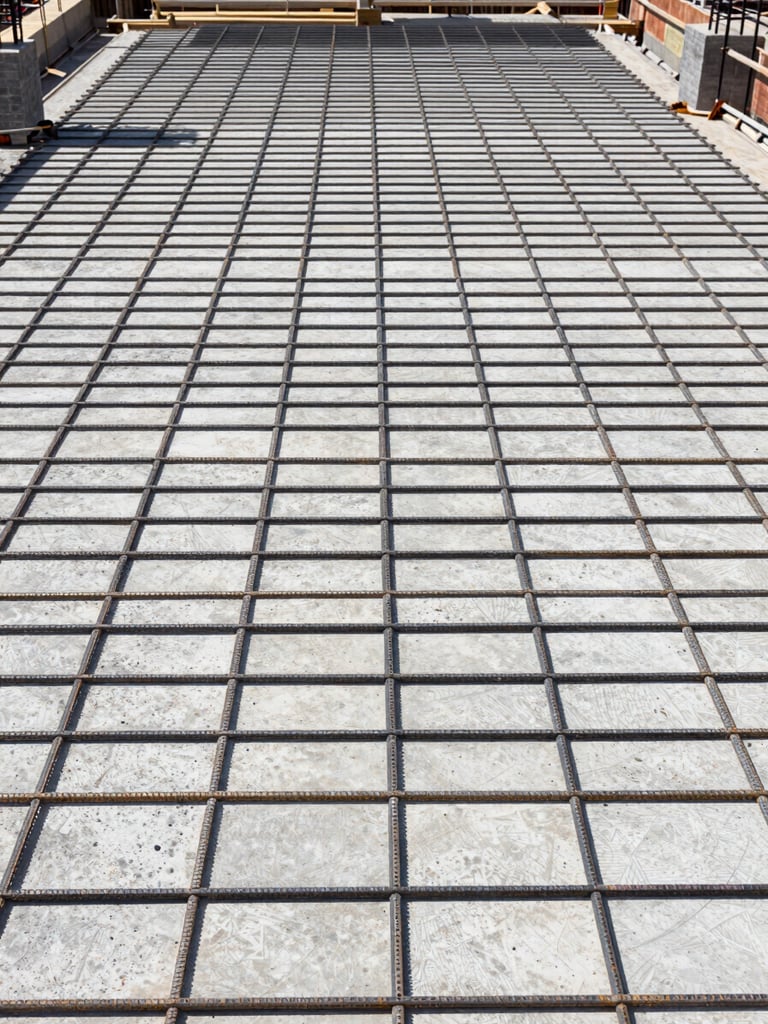 Zenith view of a clean, highly organized concrete slab construction site, showing precise structural steel reinforcement grid, bright natural daylight, technical architectural photography style