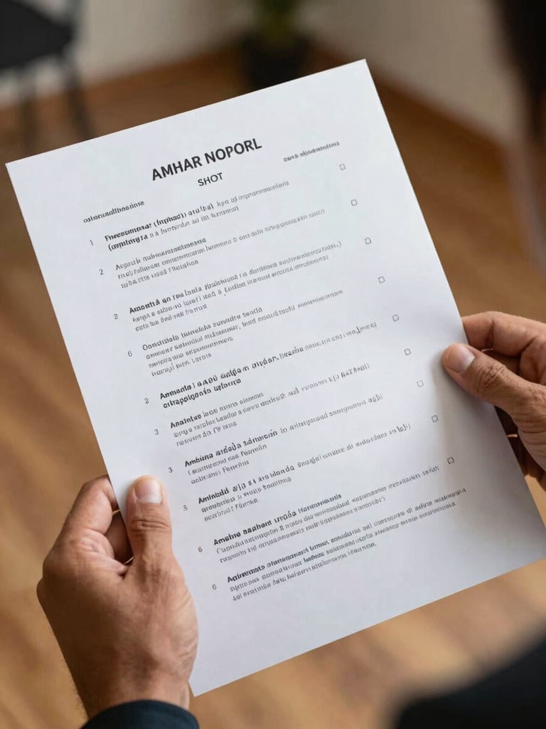 Close-up of a director's hands holding a printed shot list, annotations in both Amharic and English visible, north-facing studio daylight illuminating the paper from above, wooden floor visible at the bottom edge