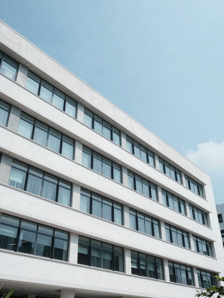 A clean architectural perspective of the Hong Kong Polytechnic University campus, bright daylight, cool blue tones, professional academic setting
