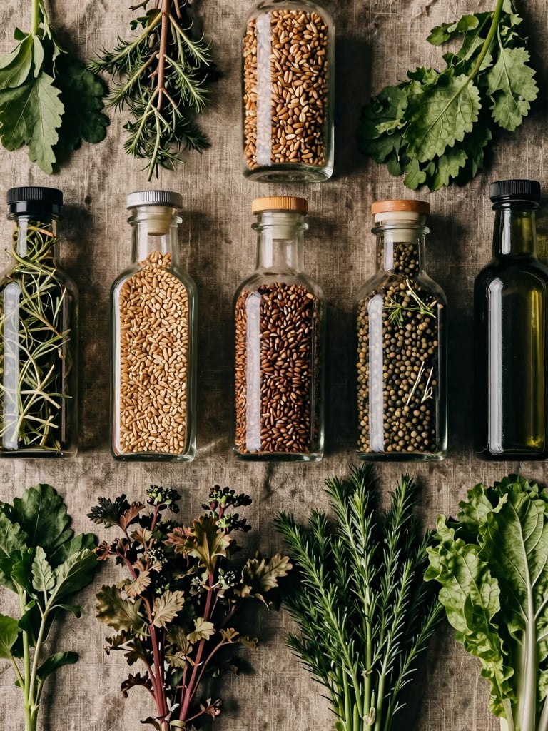 Extreme close-up overhead flat-lay of grouped organic product varieties — whole herbs, raw grains, glass condiment bottles, and fresh produce arranged on a rough linen surface under studio strobe lighting, rich earthy tones, deep shadows, no text or labels visible, emphasis on texture and certified organic quality